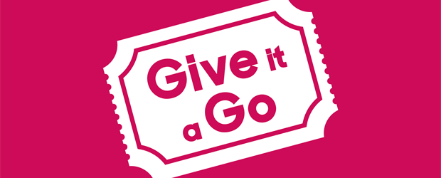 Give It A Go logo - wording in a ticket stub on a pink background