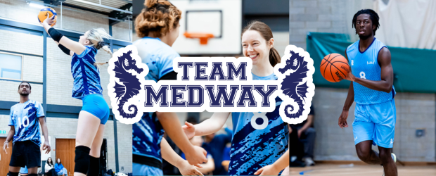 Team Medway sports logo on top of branded background with students playing sports