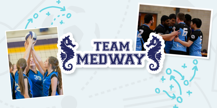 Team Medway sports logo on top of branded background with students playing sports