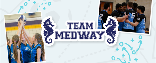 Team Medway sports logo on top of branded background with students playing sports