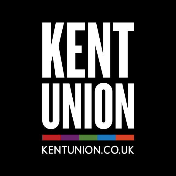 Kent Union logo - white type with multicoloured line on a black background